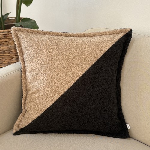 Poduszka dekoracyjna kwadrat boucle dwukolorowa czarny i beż, skośny wzór